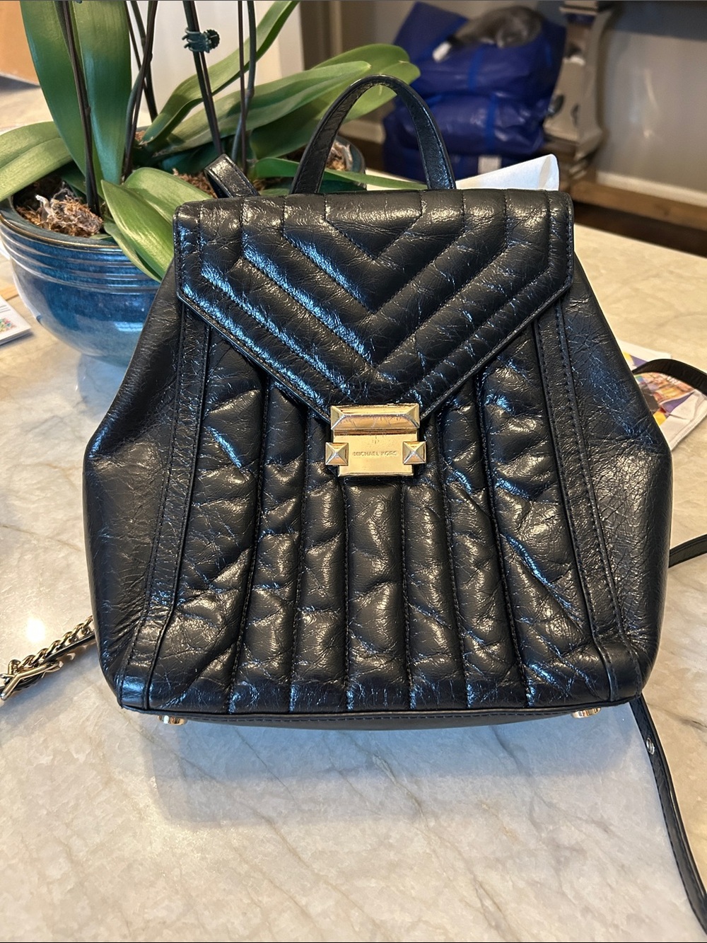 Michael Kors Black Leather Backpack with Gold Hardware